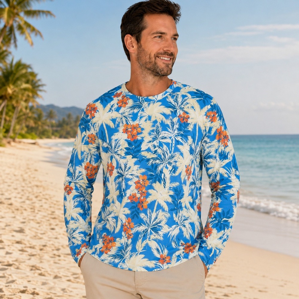 Robert Graham Mens XL Blue Tropical Floral UPF 50+ Rash Guard Long Sleeve Shirt
